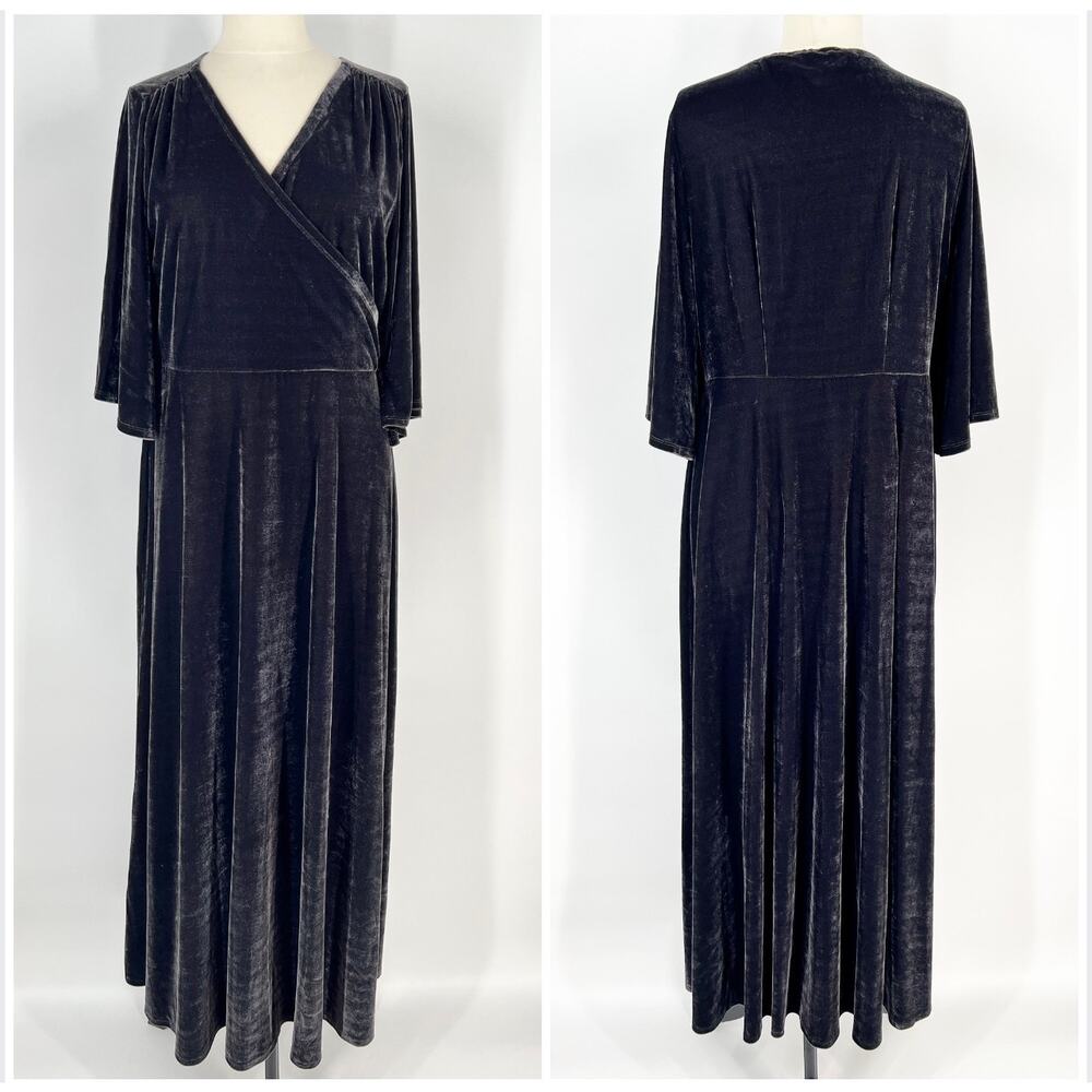 Soft Surroundings Vera Dress Velvet Maxi L Charcoal Gray Surplice Bell Sleeve